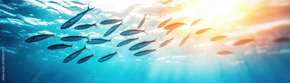Fototapeta premium Underwater scene showcasing a school of fish with sunlight rays.