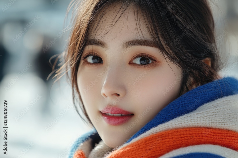 A person wearing a scarf wrapped around their neck in a casual, everyday setting A person wearing a scarf wrapped around their neck in a casual, everyday setting
