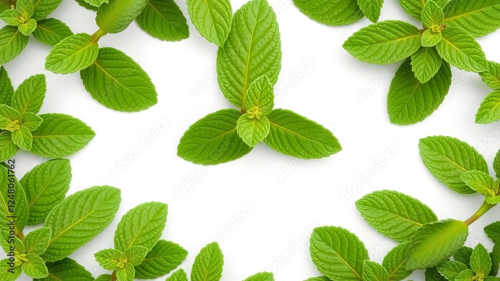 Fresh mint leaves arranged in a symmetrical pattern on a white background, top view close up, pattern, fresh, top view Fresh mint leaves arranged in a symmetrical pattern on a white background, top view close up, pattern, fresh, top view