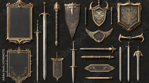 Fantasy frames with medieval weapon for rpg game ui design. Vector cartoon set of empty banners with old gold and silver borders, sword, arrows, horns and flags isolated on black background