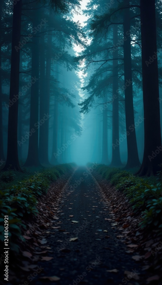 Obraz premium Dark forest path with a faint blue gradient blur effect, path, woods, blur