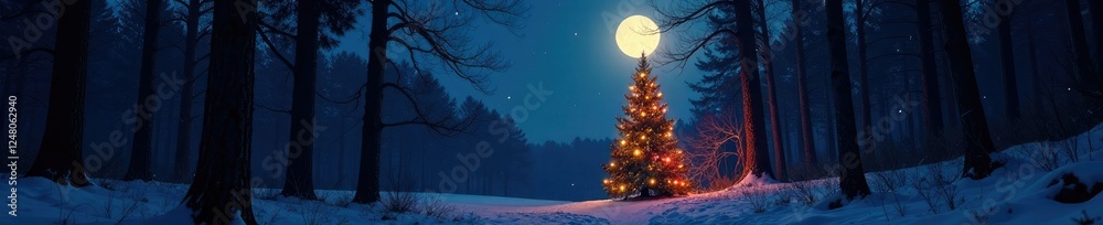 Naklejka premium Dark forest illuminated by moonlight and Christmas tree lights, night sky, forest