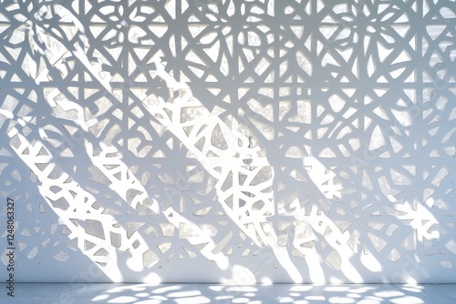 Intricate white screen wall, sunlight shadows, modern architecture, design texture photo