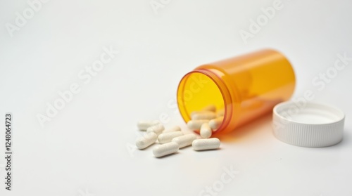 A close-up of a bottle of antihistamine pills with a few capsules spilled out, set against a clean white background