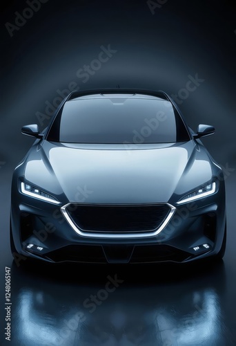 A sleek black sports car in high-tech illuminated showroom with neon light bars.