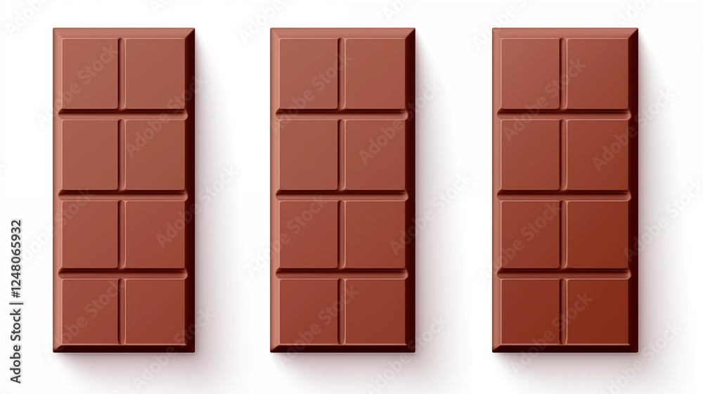 Classic milk chocolate bar with square pattern on a white background, perfect for packaging, branding, and promotional food advertisements. Classic milk chocolate bar with square pattern on a white background, perfect for packaging, branding, and promotional food advertisements.