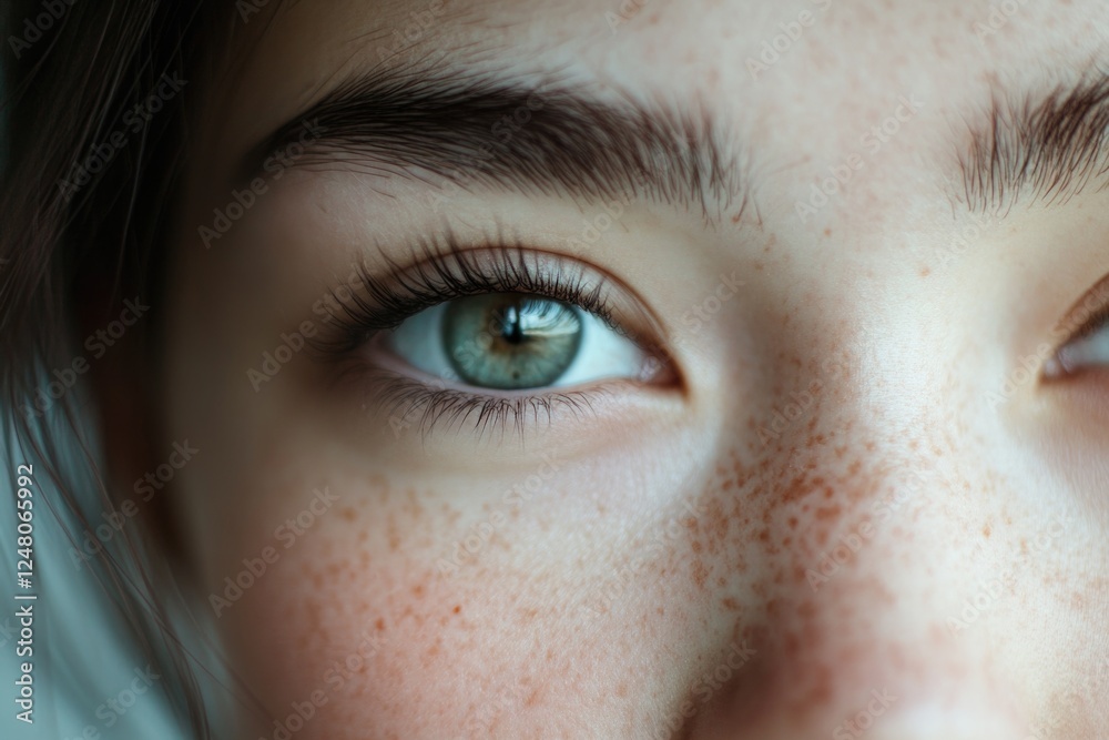 A close-up shot of a woman's eyes with freckles, suitable for use in beauty or lifestyle contexts A close-up shot of a woman's eyes with freckles, suitable for use in beauty or lifestyle contexts