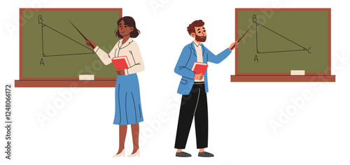 Set of school teachers stand at the blackboard and explains the material. Hand drawn illustration