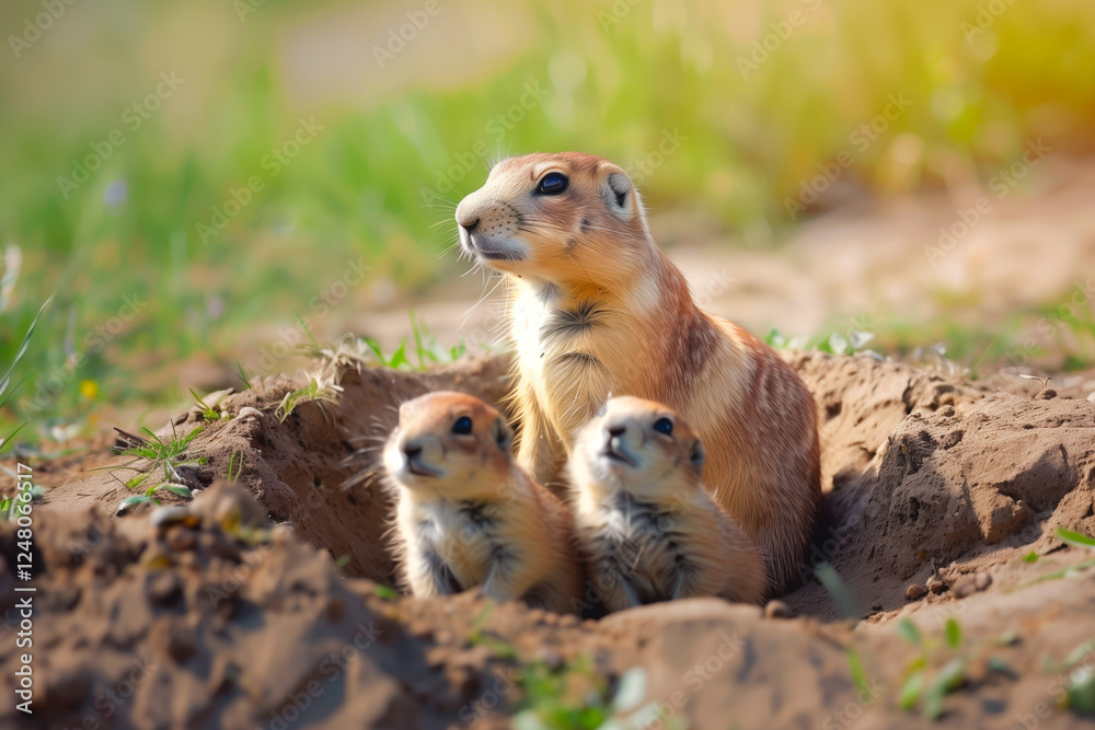 Prairie dog family watching around their hole Prairie dog family watching around their hole