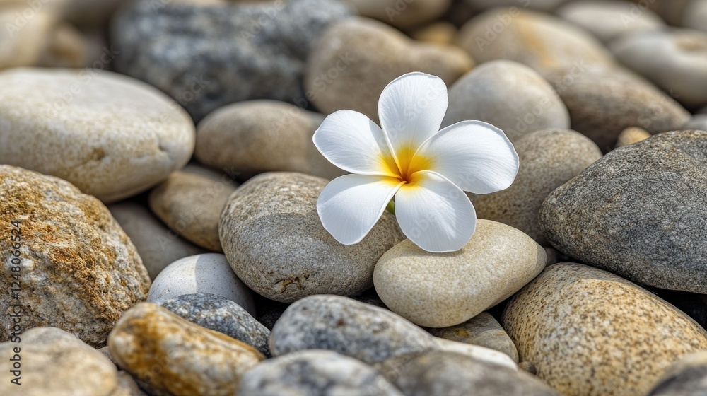 Fototapeta premium White Plumeria Flower on Pebbles
