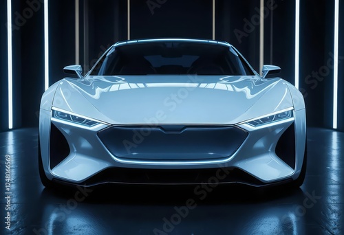 Front view of a sleek white sports car in showroom lighting