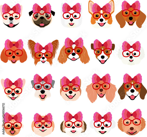 cute small dogs faces with ribbon&eyeglasses on their heads bundle