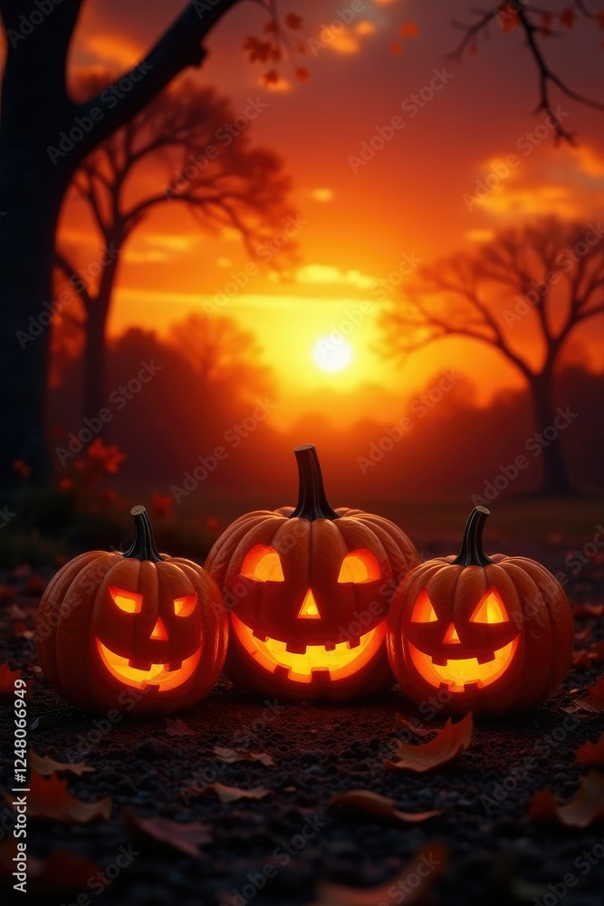 A trio of jack-o-lanterns against a fiery sunset, seasonal, orange, sunsets A trio of jack-o-lanterns against a fiery sunset, seasonal, orange, sunsets