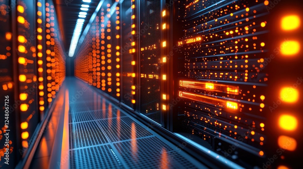 Illuminated Server Room Corridor, Data Center, Network, Technology Illuminated Server Room Corridor, Data Center, Network, Technology