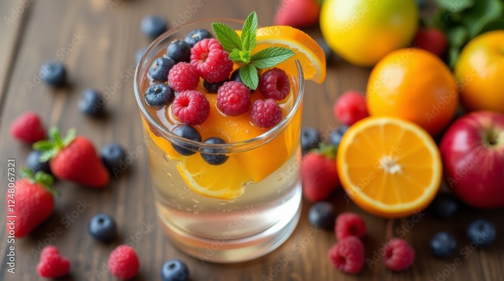 Glass of water and assorted fruits like oranges, apples, and berries on a wooden table, healthy and refreshing scene with natural lighting Glass of water and assorted fruits like oranges, apples, and berries on a wooden table, healthy and refreshing scene with natural lighting