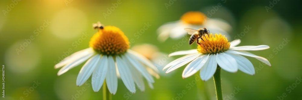 Obraz premium A small yellow bee flies around a large white echinacea flower, insects, white flowers