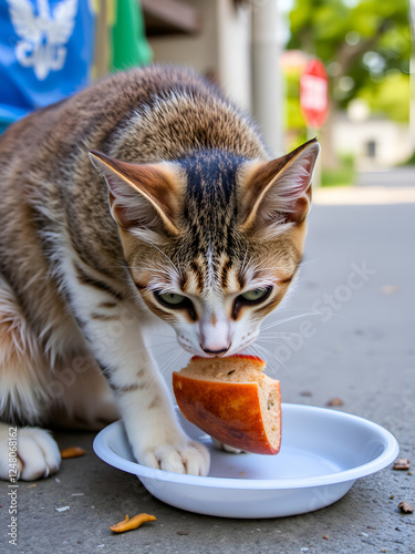 stray cat eating on the street photo