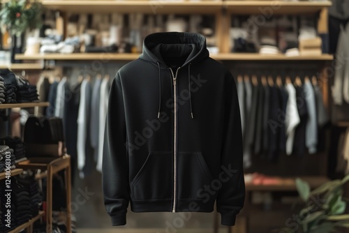 A black hoodie hangs on a rack in a clothing store, available for purchase photo