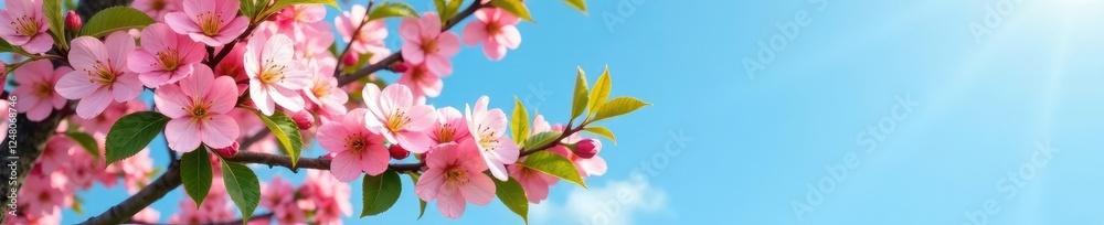 An apricot tree in full bloom with numerous pink blossoms and green leaves against a clear blue sky, nature, scenery, flowers An apricot tree in full bloom with numerous pink blossoms and green leaves against a clear blue sky, nature, scenery, flowers