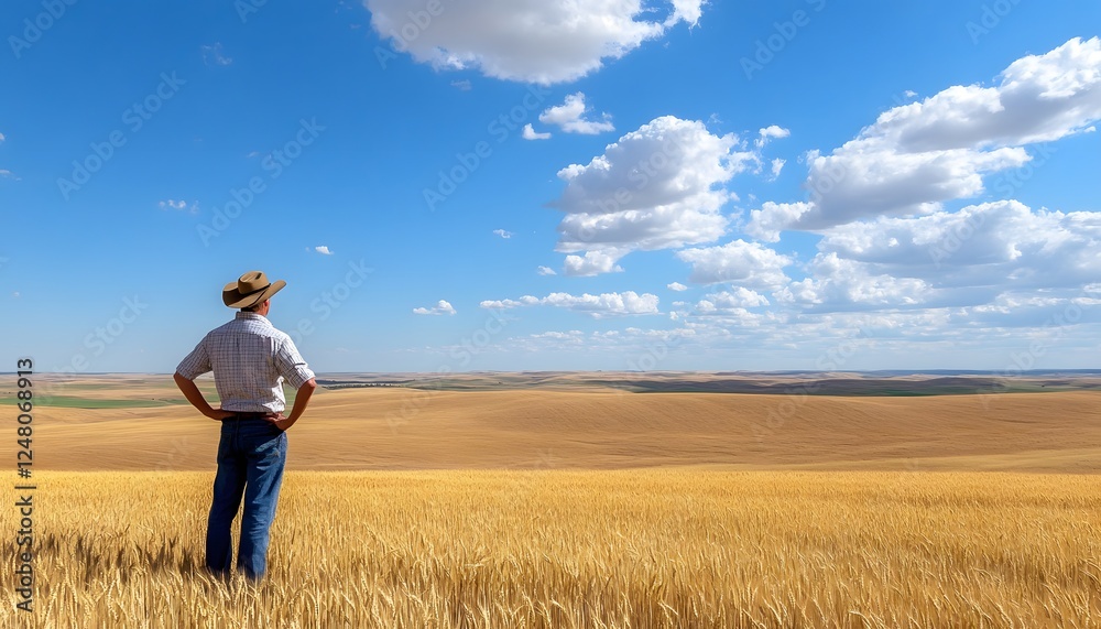 Farmer surveys his wheat field beneath a partly cloudy sky Farmer surveys his wheat field beneath a partly cloudy sky