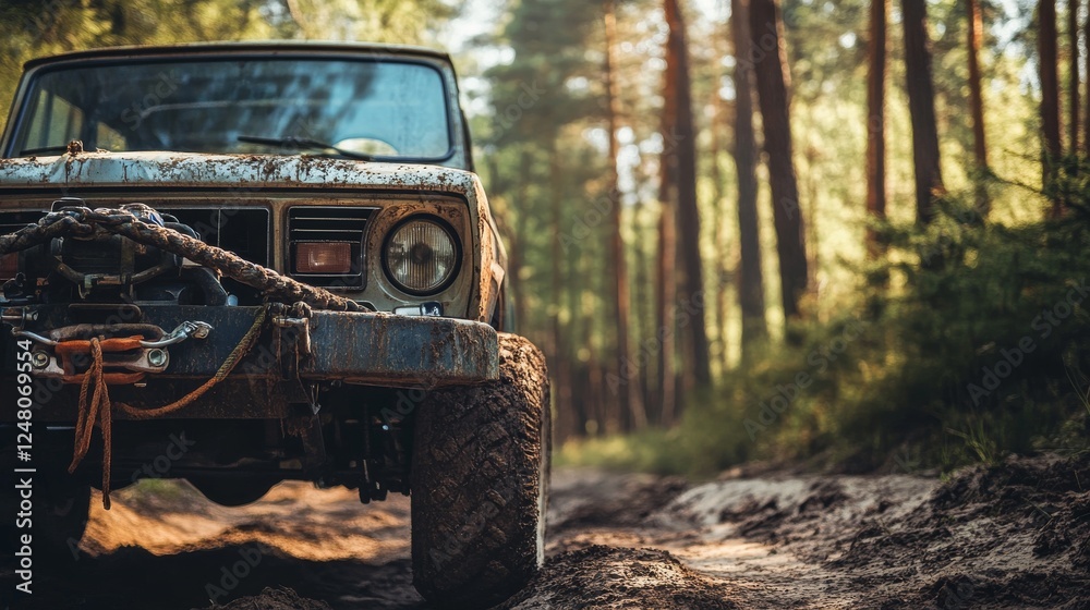Fototapeta premium Off-road car with a winch on the bumper. 