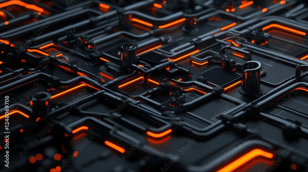 Fototapeta premium A network of pipes crisscrossing throughout, suggesting a sophisticated system for transferring materials. Areas where the pipes or tanks have faint orange lights, possibly indicating flow