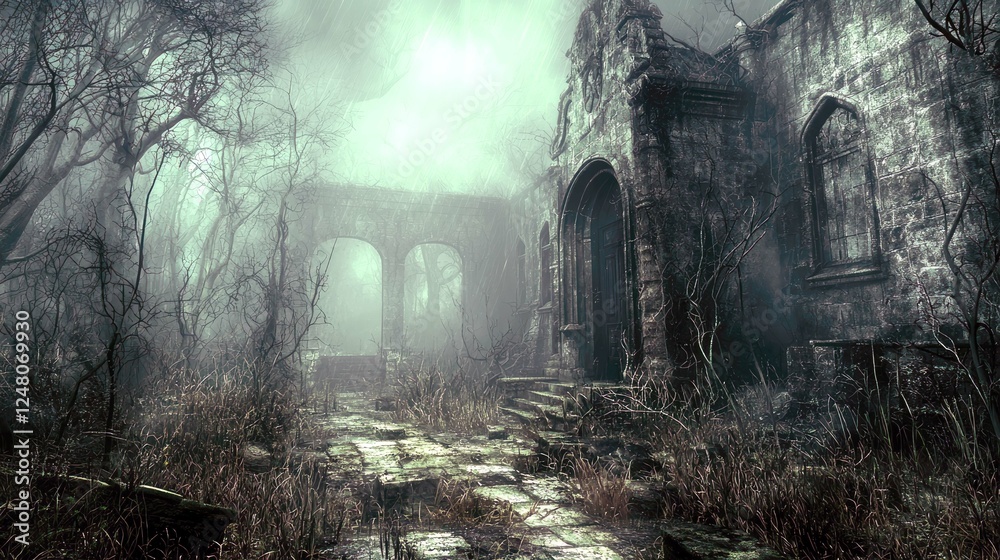Fototapeta premium Enigmatic Ruins: A Gothic Stone Building Overgrown by Nature in a Foggy Forest. An Eerie Digital Painting of Mystery and Decay.
