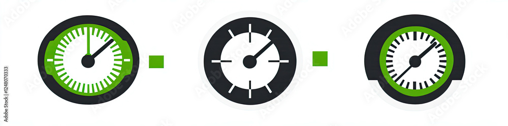 Set of Three Circular Gauges with Green Highlights on White Background Set of Three Circular Gauges with Green Highlights on White Background