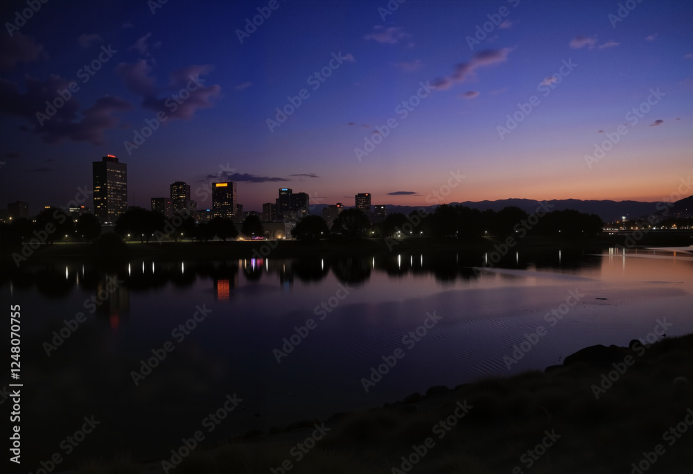 City skyline illuminated at dusk with reflections on river, urban tranquility City skyline illuminated at dusk with reflections on river, urban tranquility