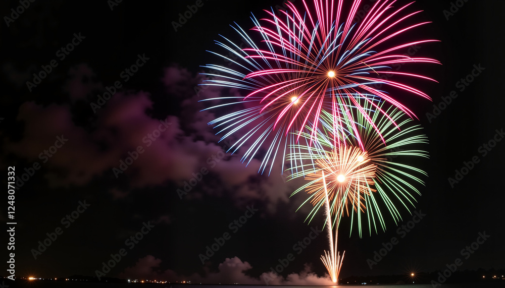 Vibrant fireworks exploding in night sky, celebration of light