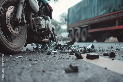 A collision between a motorcycle and a truck with debris scattered on the road photo