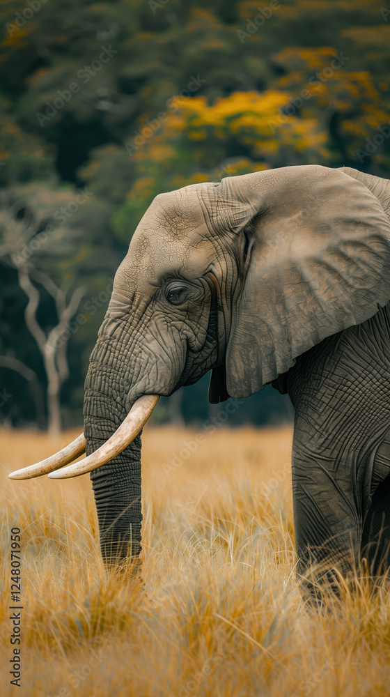 Fototapeta premium majestic elephant stands gracefully in golden grassland, showcasing its strength and beauty