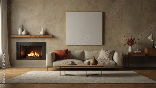  Artistic living room setup with an empty canvas for mockups on a beige wall