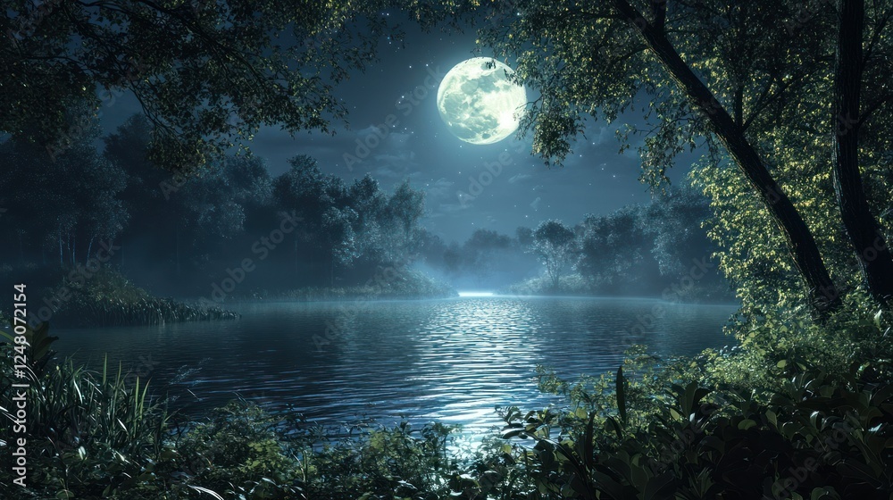 Naklejka premium Moonlit Lake in a Forest