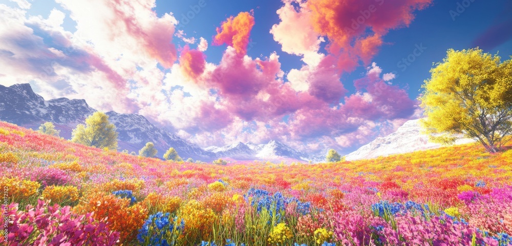 Obraz premium Vibrant Holi colors clouding the sky above an open field of wildflowers a?