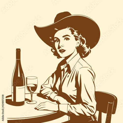 Vintage Cowgirl with Wine Illustration