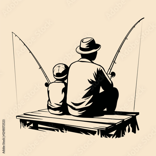 Father and Son Fishing Vintage Illustration