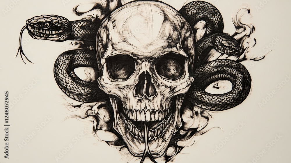 Fototapeta premium Intricate Hand-Drawn Skull and Snake Tattoo Design with Dark Aesthetic Elements