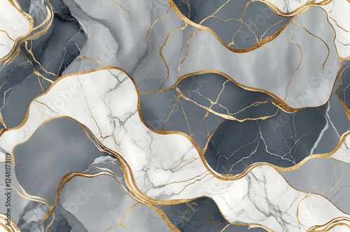 Elegant Gray and White Marble with Gold Veining and Fluid Organic Patterns