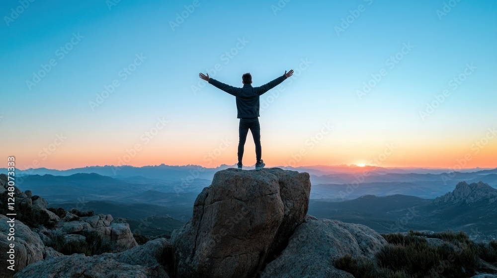 Man on Mountaintop Welcoming the Sunrise Man on Mountaintop Welcoming the Sunrise