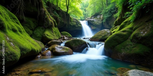 Moss-covered rocks near Barranco de Azuaje waterfall, waterfall, landscape, serene photo