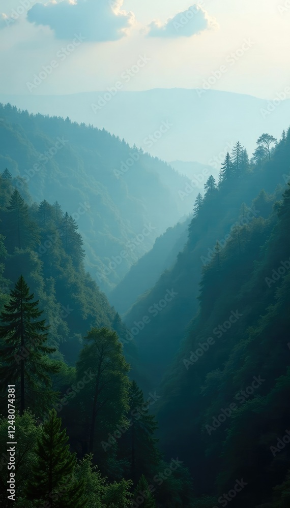 Fototapeta premium Misty forest landscape with a few low-hanging clouds, natural, mysterious