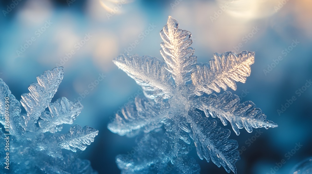 Macro Photography of Delicate Snowflakes on a Soft Blue Background Macro Photography of Delicate Snowflakes on a Soft Blue Background