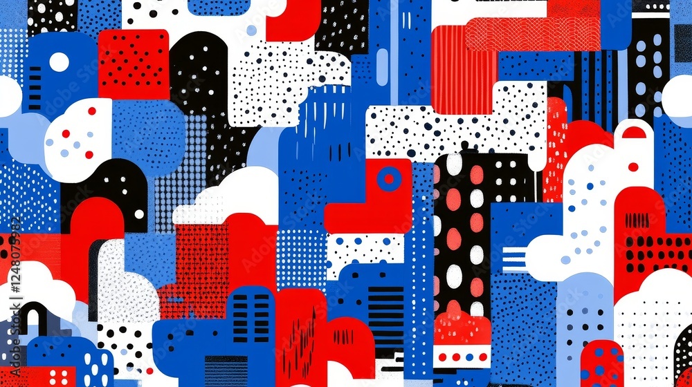 Fototapeta premium Abstract Cityscape Red Blue White Geometric Urban Pattern Design