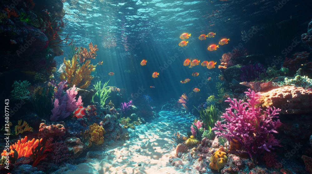 Naklejka premium Coral reef ocean or sea underwater background. Bottom with rocks and seaweeds grow under sunlight beams falling from above. Marine seascape scene, undersea tropical life, Cartoon vector illustration