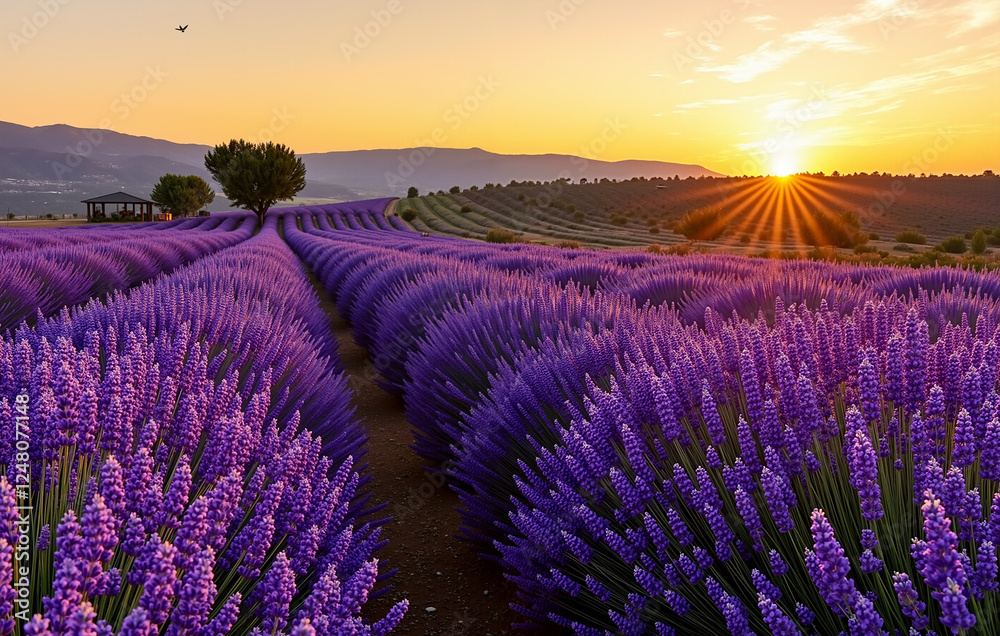 Obraz premium Sunset over a field of blooming lavender: an inspiring place for eco-tourism