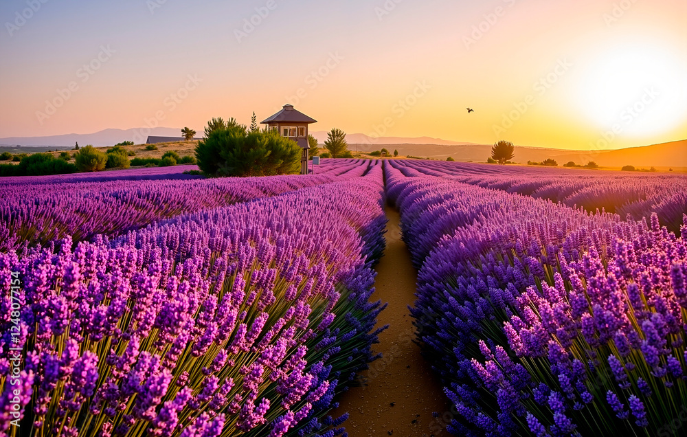 Naklejka premium Sunset over a field of blooming lavender: an ideal place for eco-tourism