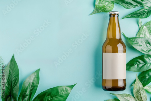 Amber beer bottle with label and green leaves on light blue background. Summer refreshment concept for advertising, banner, menu with copy space photo