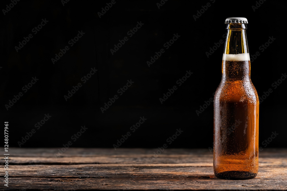 Cold beer bottle on wood table against dark background. Refreshment drink, beverage concept. For advertising, pub menu, flyer with copy space. Cold beer bottle on wood table against dark background. Refreshment drink, beverage concept. For advertising, pub menu, flyer with copy space.