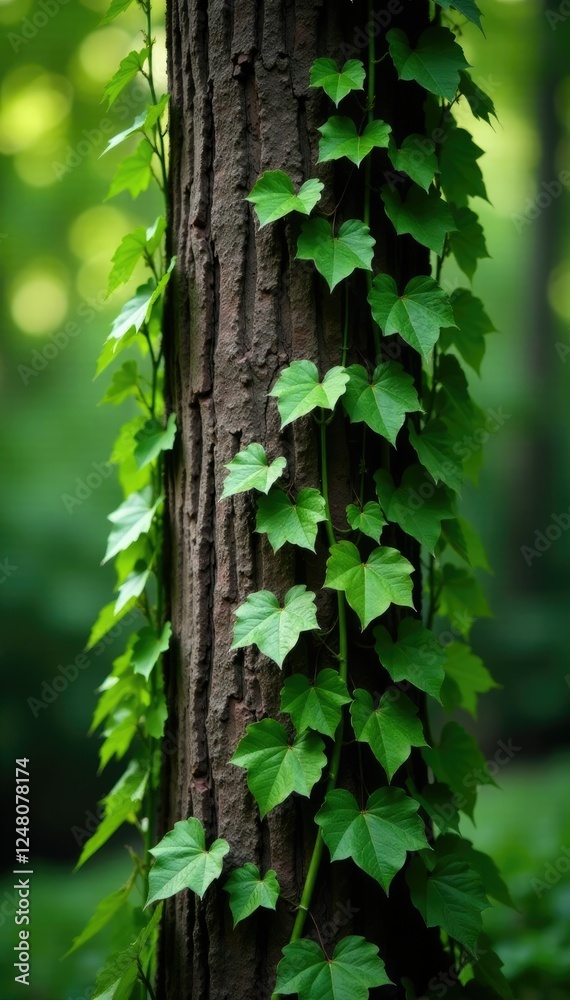 Obraz premium Dark brown tree trunk with lush green ivy vines, leaves, vine, plant